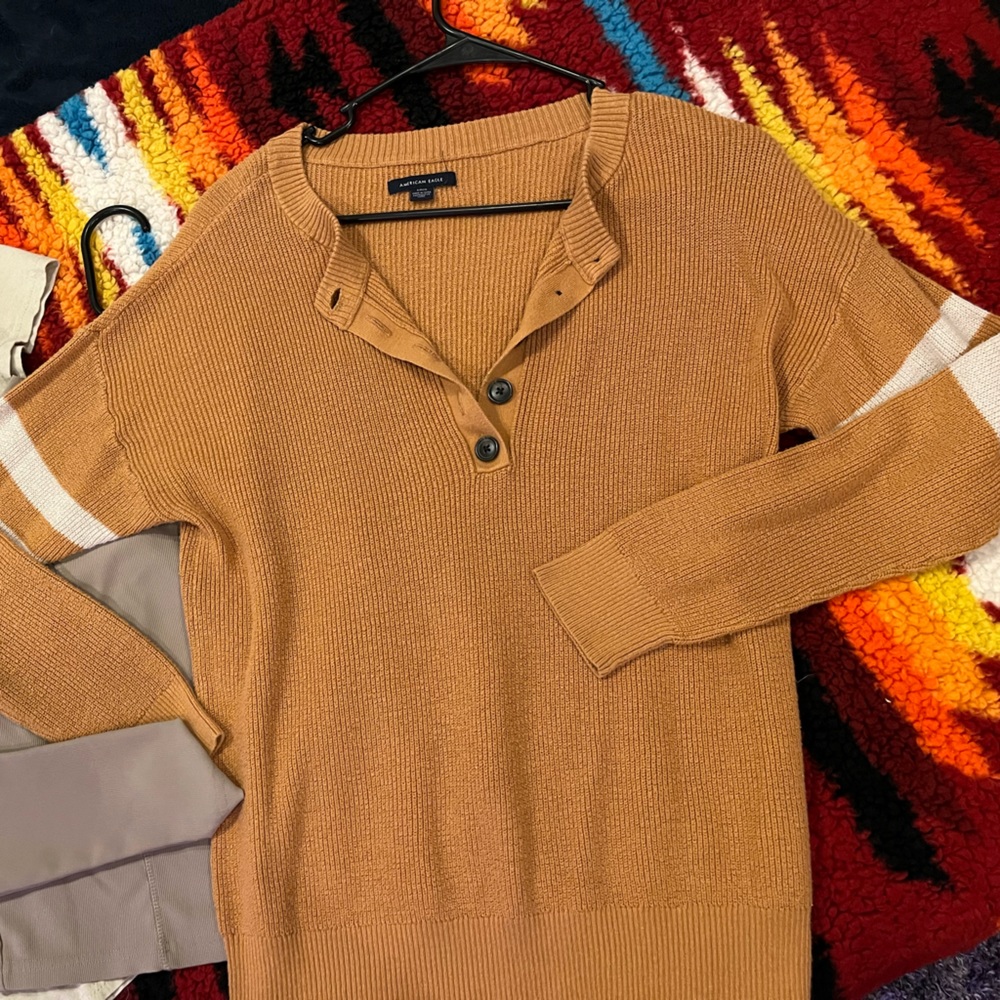 American Eagle mustard Striped Cozy Long sleeved Button Up